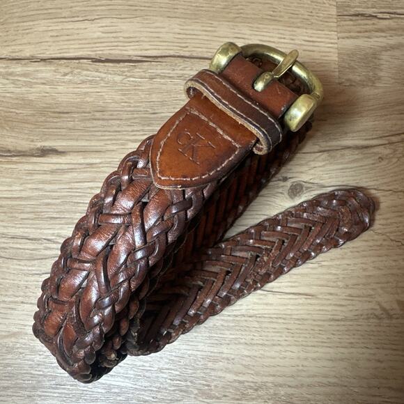 Vintage Calvin Klein Mens Brown Braided Leather Belt 38 EUC - Picture 1 of 6